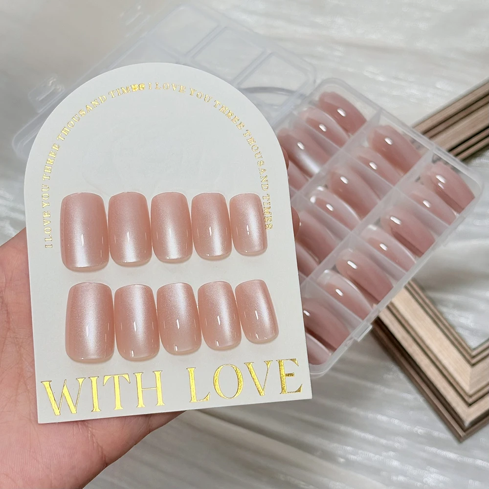 144 Stück Box Nude Pink Katzenaugen-Aufklebenägel Glänzende Kurze 2