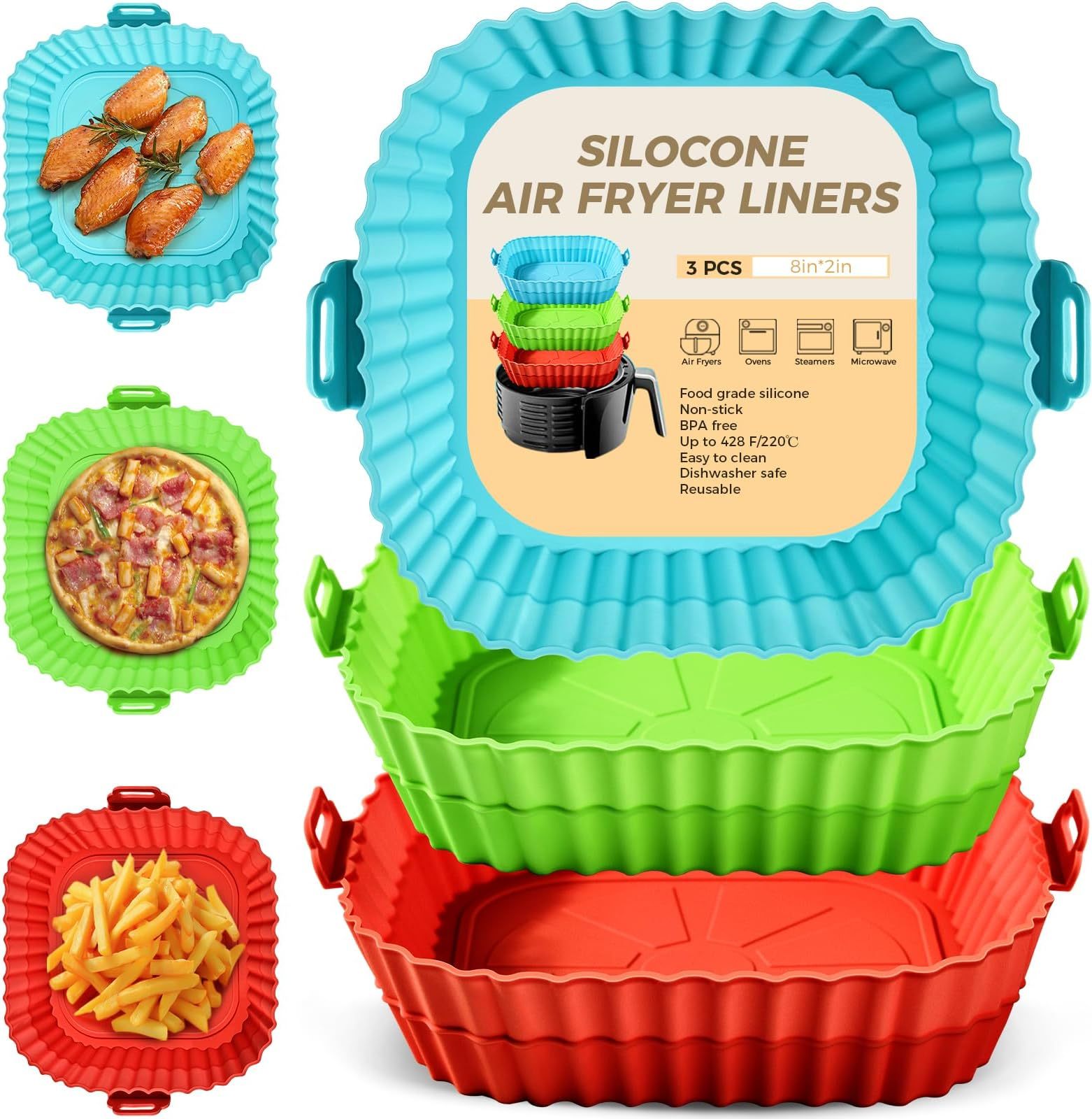 Square Silicone Air Fryer Liners 8 Inch Reusable