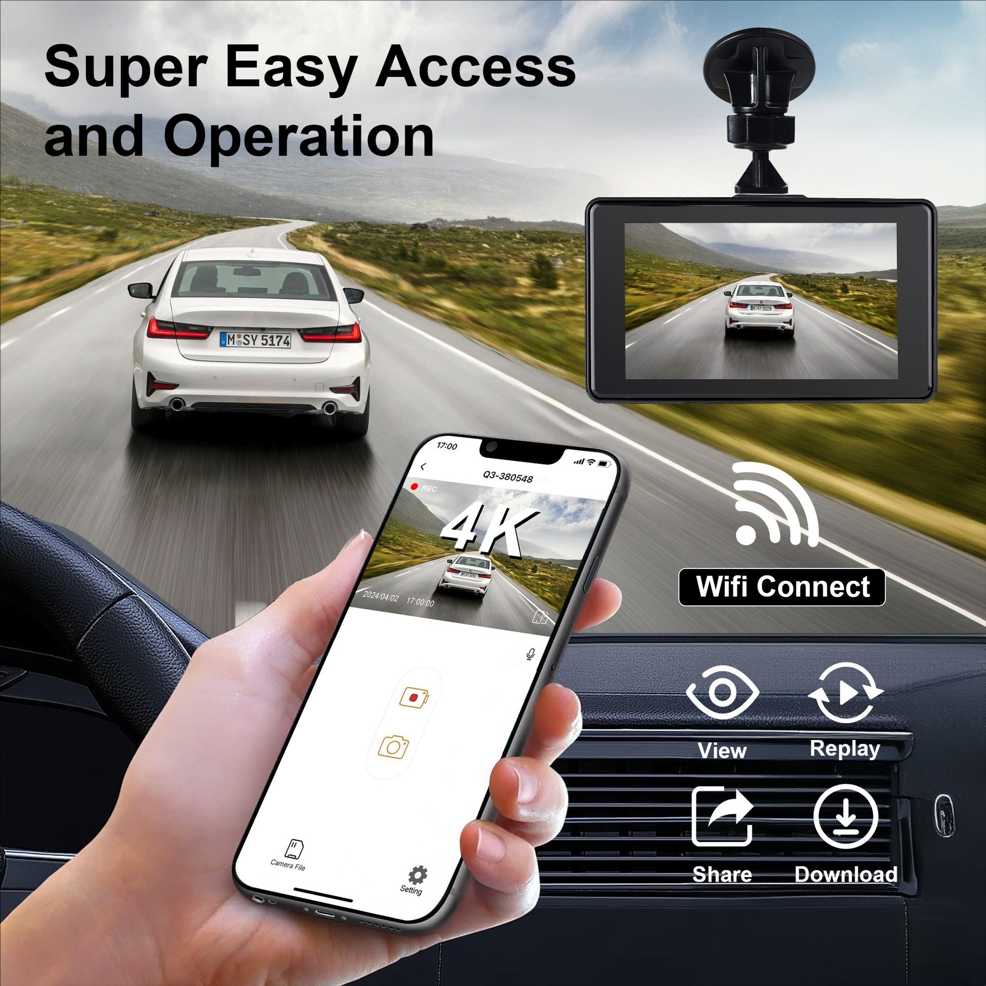 4K WiFi Dashcam, Front and Rear Recording 3