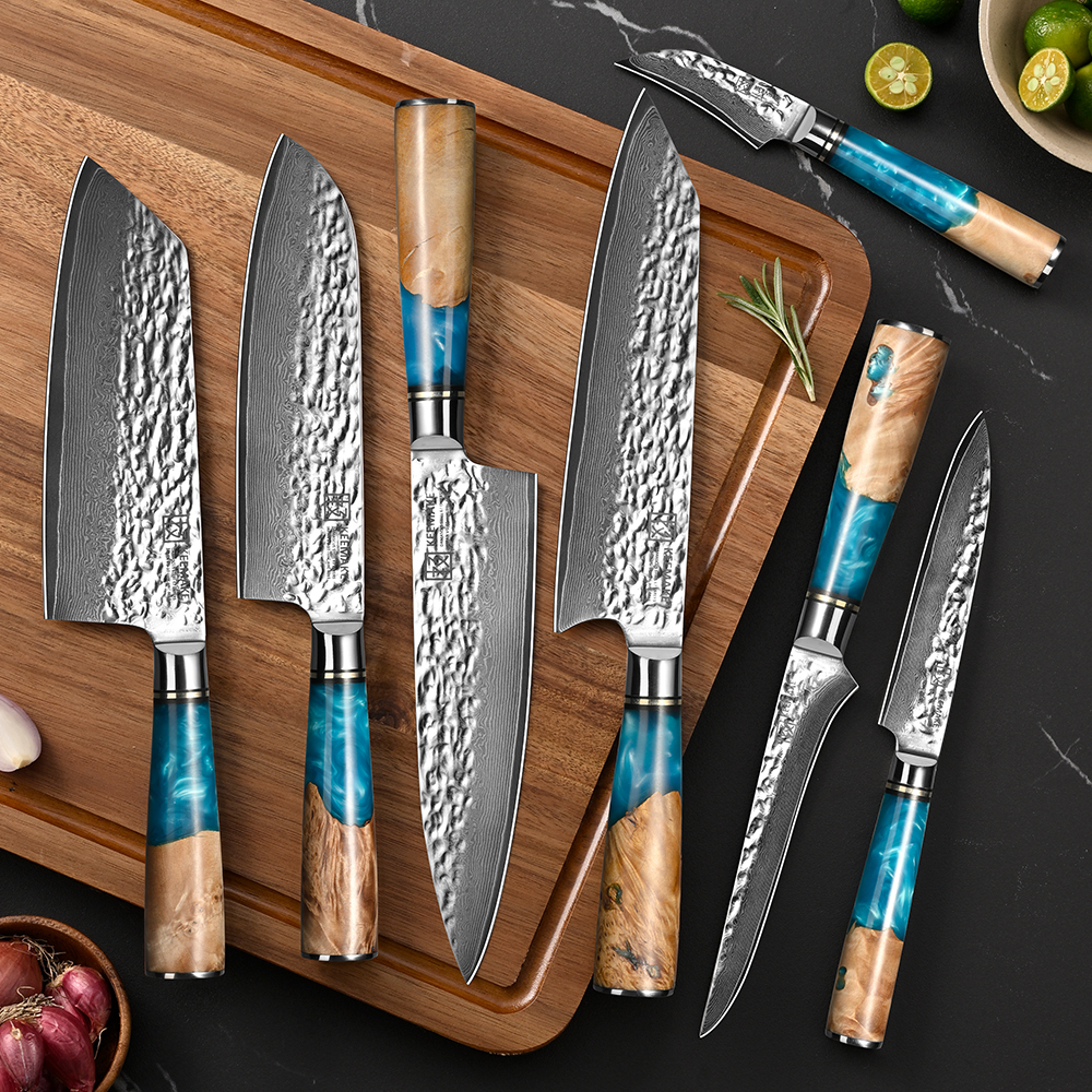 7-Piece Damascus Knife Set Resin Handle