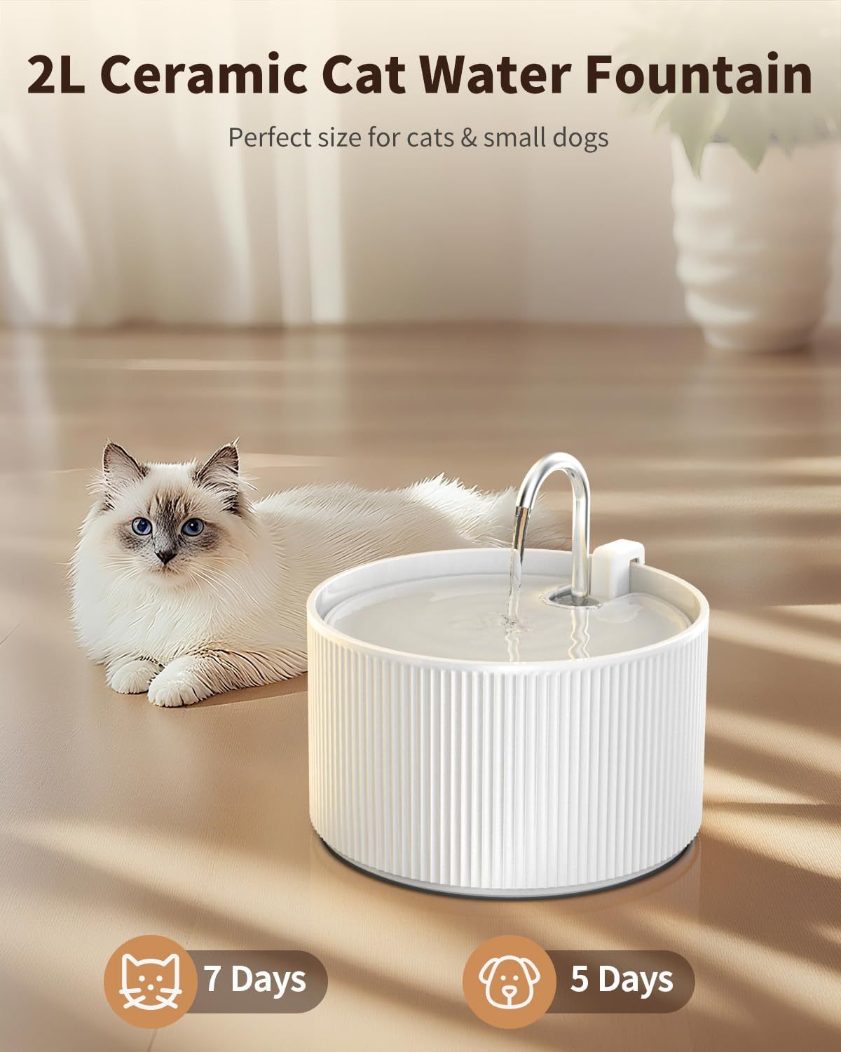 2.2L 74oz Charge Automatic Waterproof Ceramic Cat Water 4
