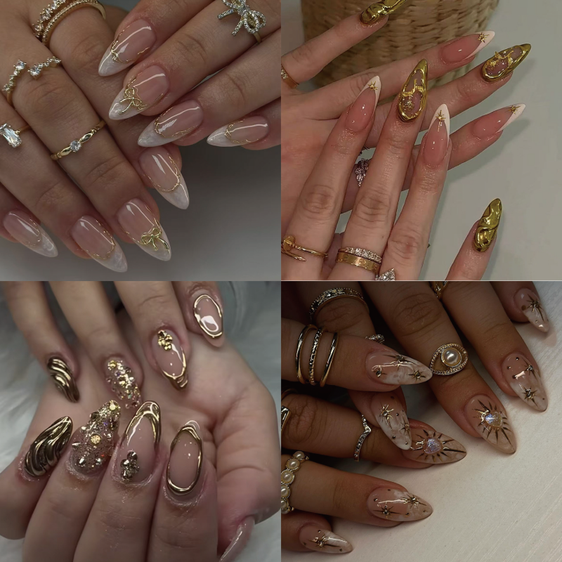 Gold Line Almond Acrylic Press-On Nails 2
