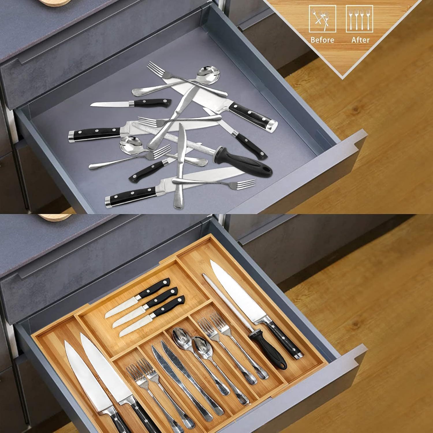 Premium Bamboo Drawer Organizer Expandable Silverware 3