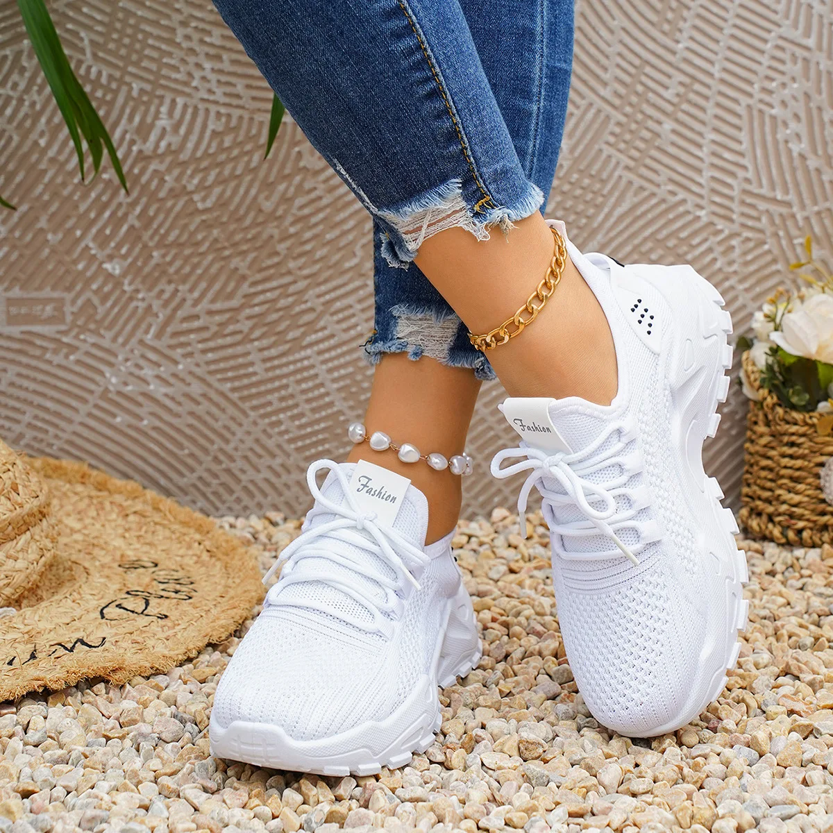 Dicke Plateau-Dad-Sneaker Atmungsaktive Strickmode Bequeme Rutschfeste Schuhe mit 4