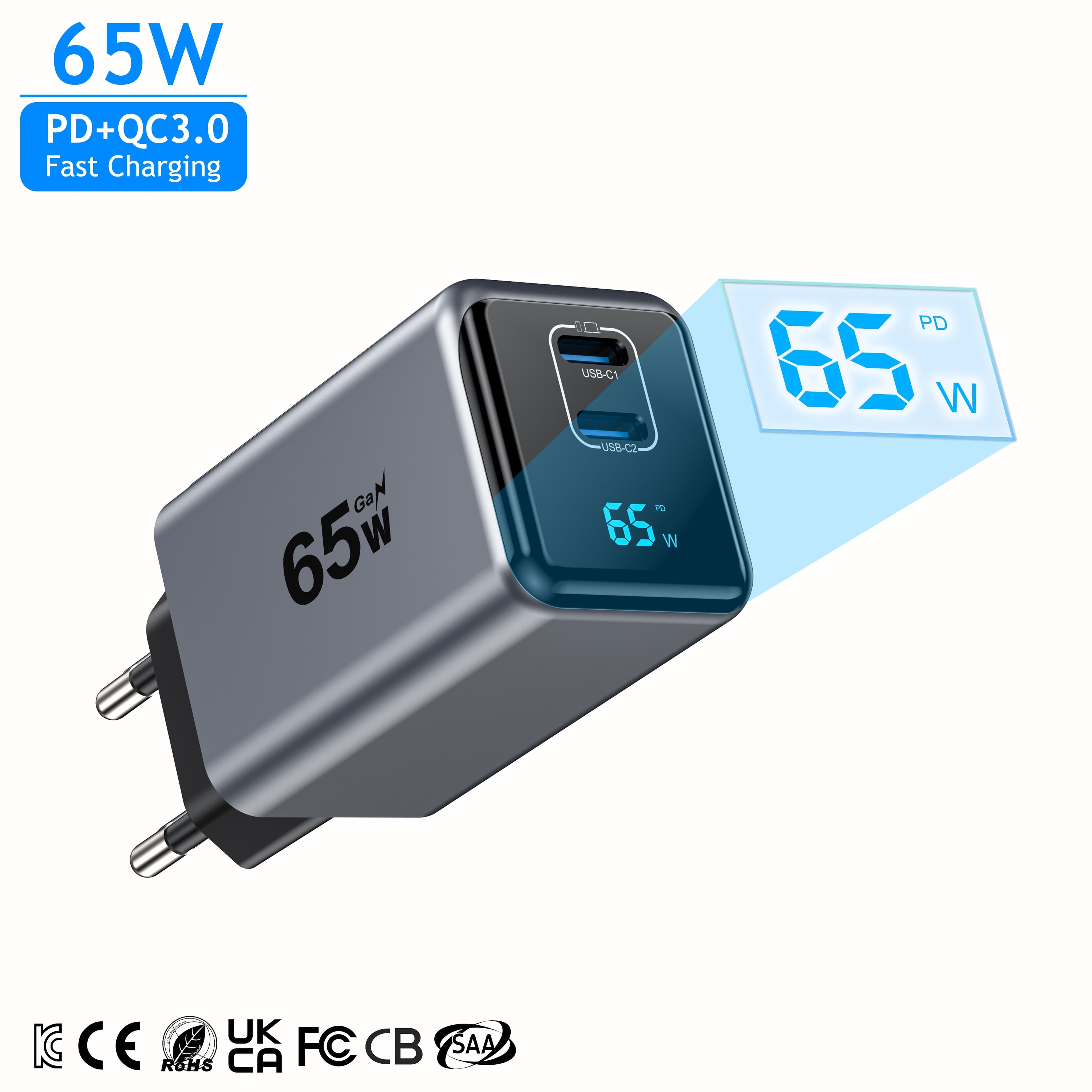 65W GaN USB-C Wandladegerät mit Display