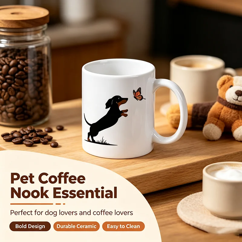 Niedliche Kaffeetasse aus Keramik mit Dackel und Schmetterling 2