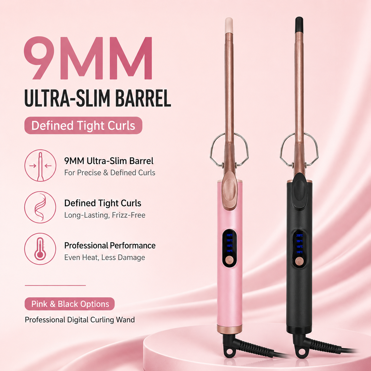 9mm Micro Curling Wand Hair Curler Digital Temperature