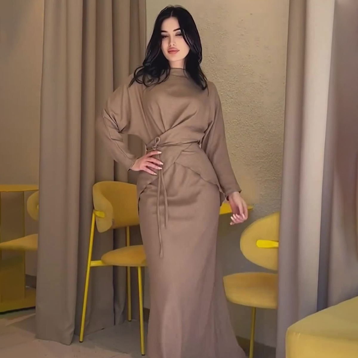 Satin Waist-Cinched Skirt Set