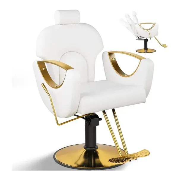 Luxus Friseurstuhl mit Goldenen Armlehnen Kunstlederbezug Hydraulisch Höhenverstellbar 2