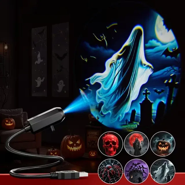 USB-Halloween-Projektor-Licht 6 Muster Mini-LED-Projektionslampe Tragbares Atmosphärenlicht für Zuhause 4