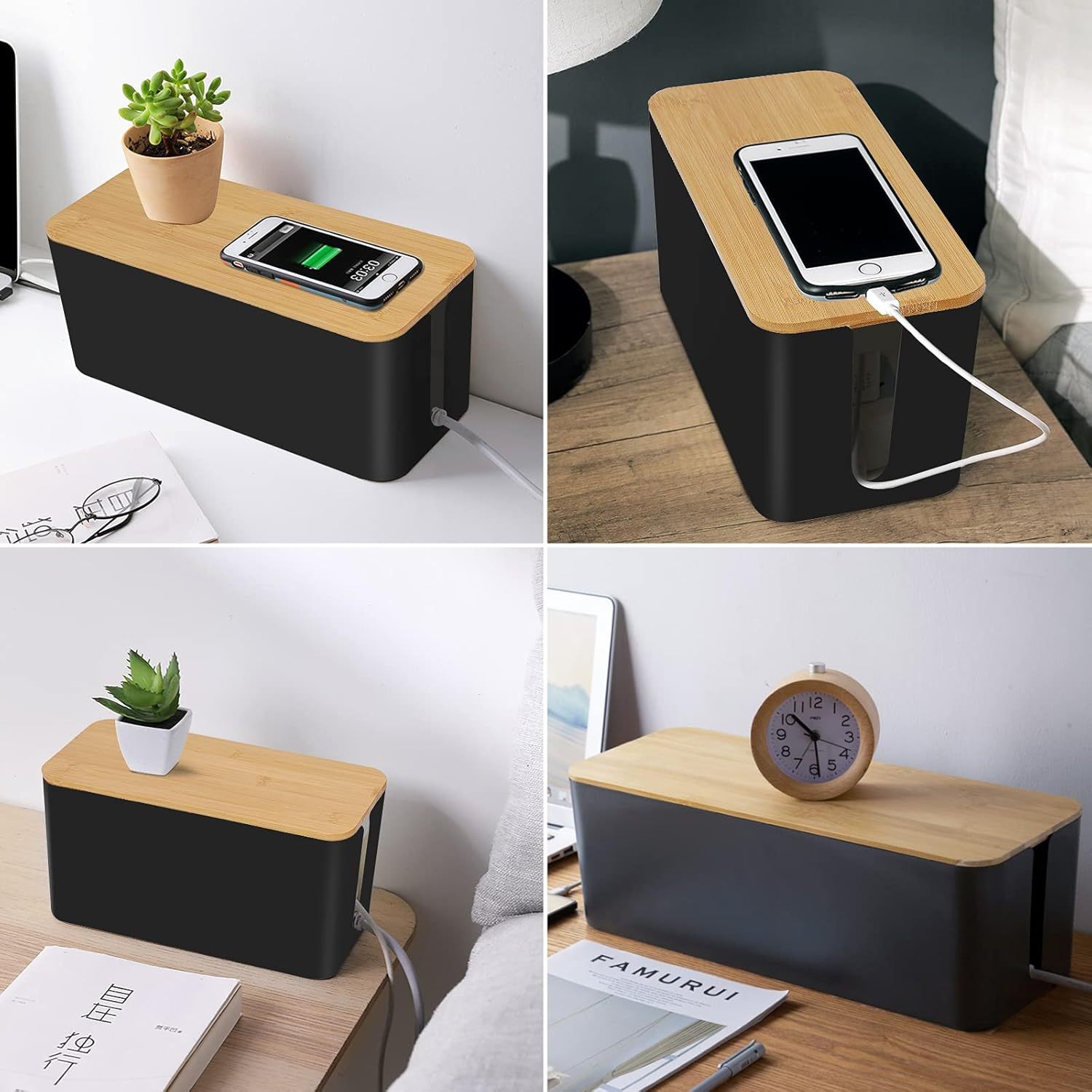 Black Cable Box with Bamboo Lid 4