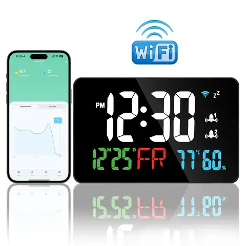 Smart Wifi Digitale Wanduhr Temperatur Feuchtigkeit Display 4-Stufen