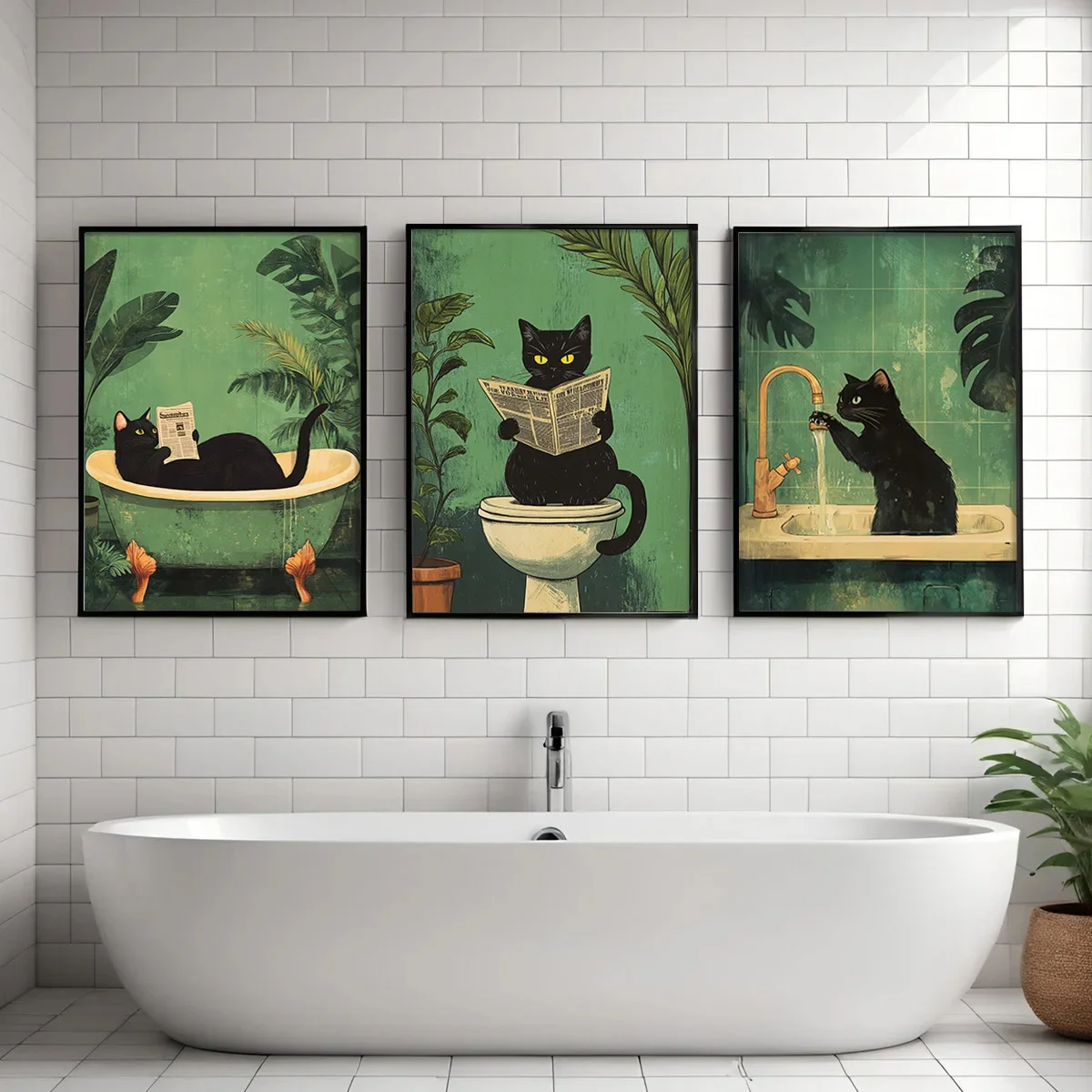 Lustiges Badezimmer Schwarze Katze Leinwand-Poster Retro-Tier-WC-Wandkunstdrucke für Modernes 2