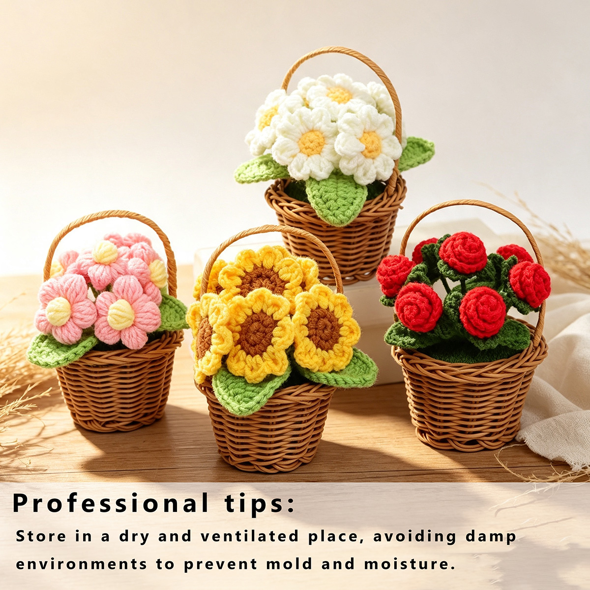 Handmade Crochet Assorted Flower Basket Potted Ornaments Everlasting