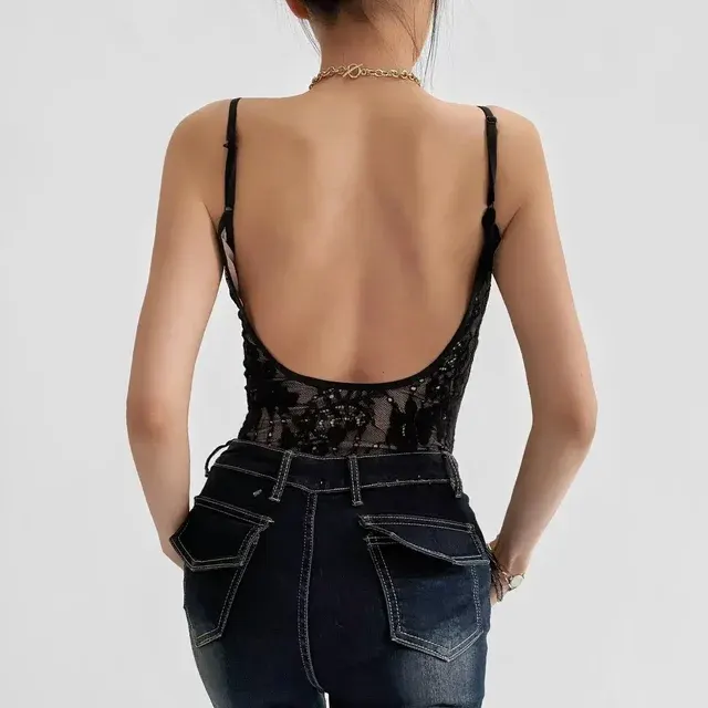 Sheer Lace Backless Bodysuit Spaghetti Straps 4