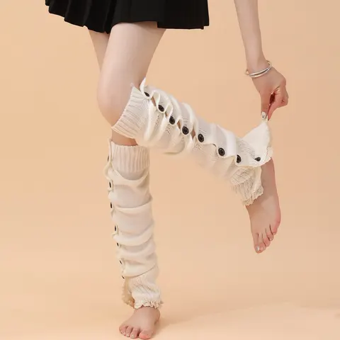 Girls Knitted Leg Warmer Socks Button Design Crochet