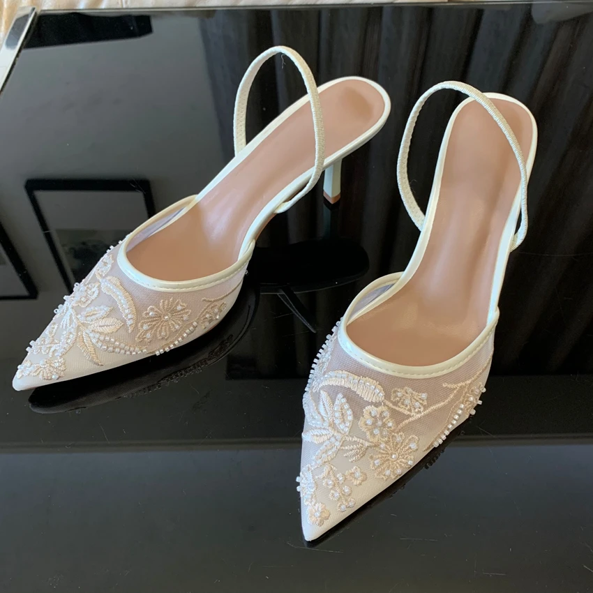 Marke Designer Weiß Frauen Pumpen Mesh Gestickte Blumen 2