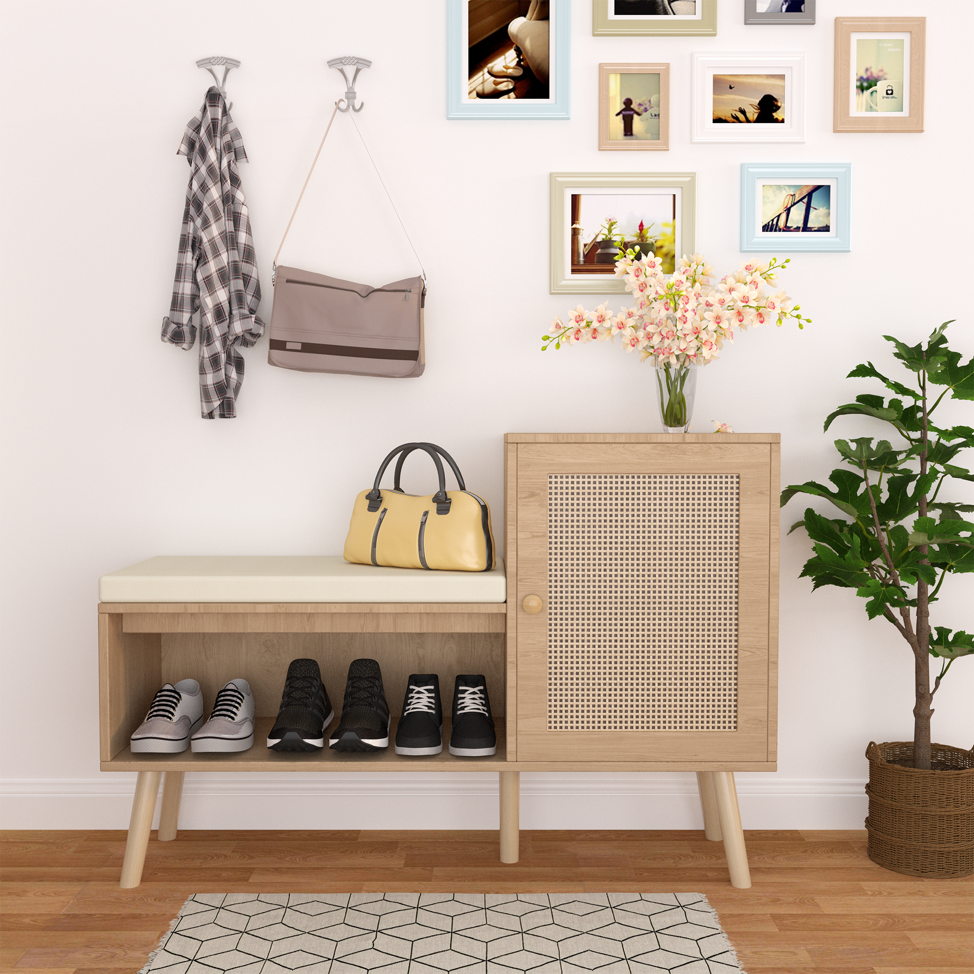 Rattan Shoe Bench With Cushion