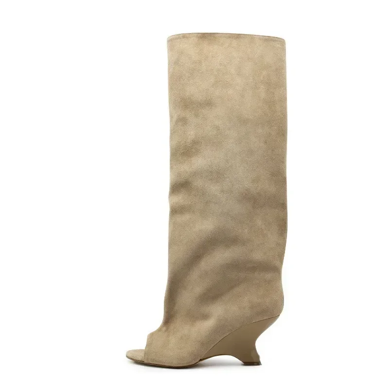 Damen Fish-Mouth-Stiefel mit Dicken Hohen Absätzen Knielang Coole