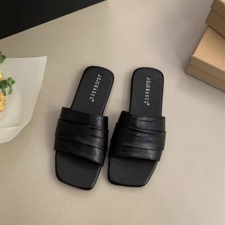 Damen Flache Lederslides mit Quadratzehe 2