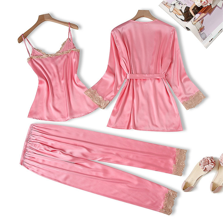 Damen Satin Pyjama 3-teilig mit Spitze 2