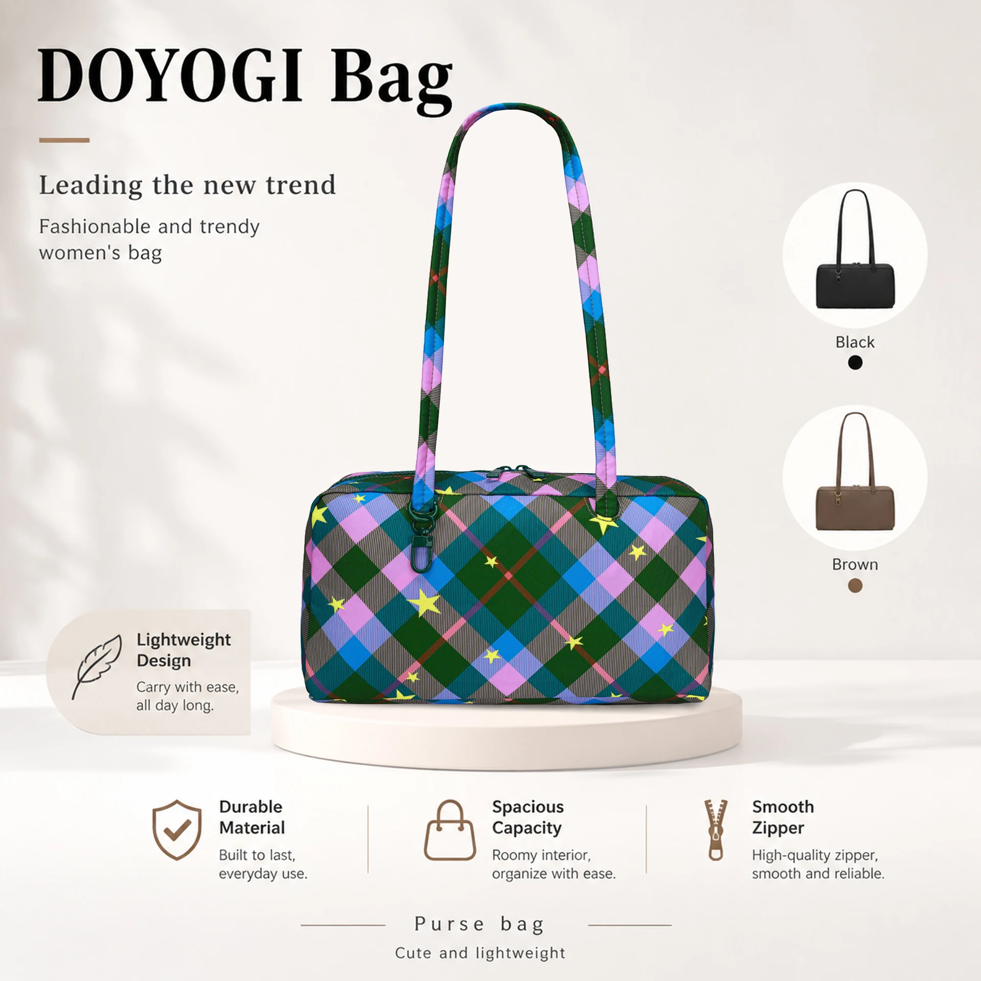 Nylon-Tragetasche Bowler-Tasche Damen Schultertasche mit Schlüsselanhänger-Clip Leichte Reißverschluss-Handtasche