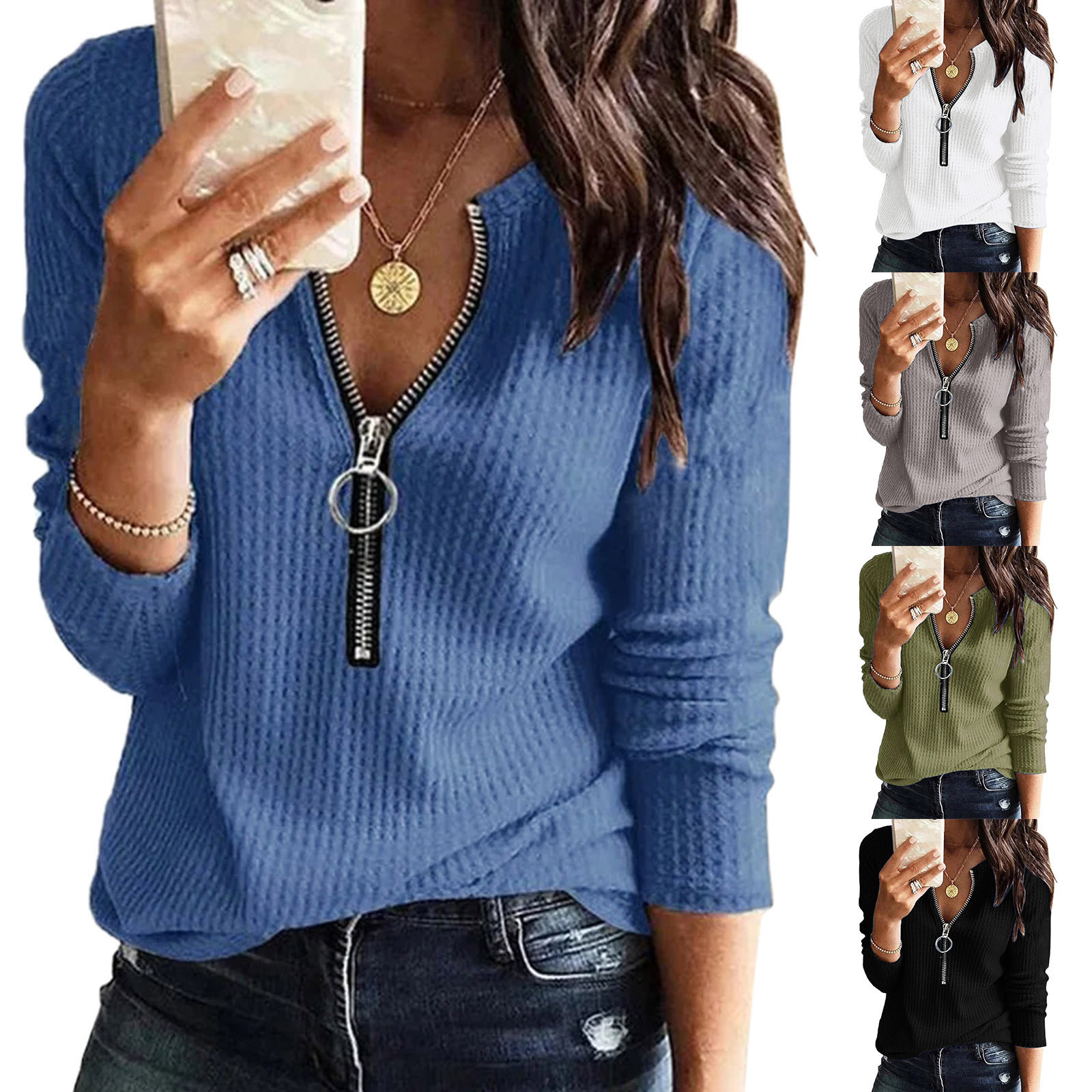 V-neck Lapsed Sleeves Loose Long-sleeved T-shirt For Women 2