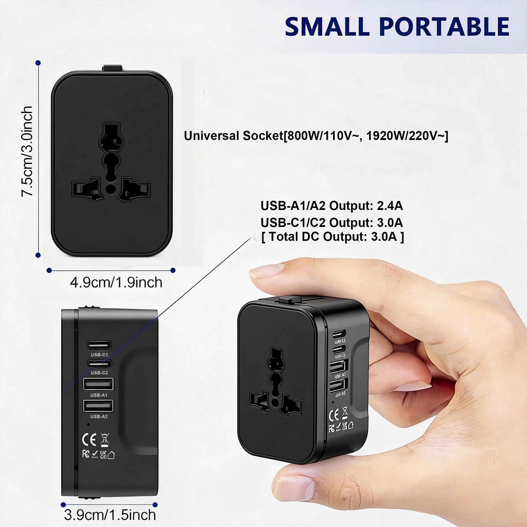 5-in-1-Reiseladegerät Universeller All-in-One-Reiseadapter Zwei Typ-C- + USB-Schnellladeanschlüsse für 2