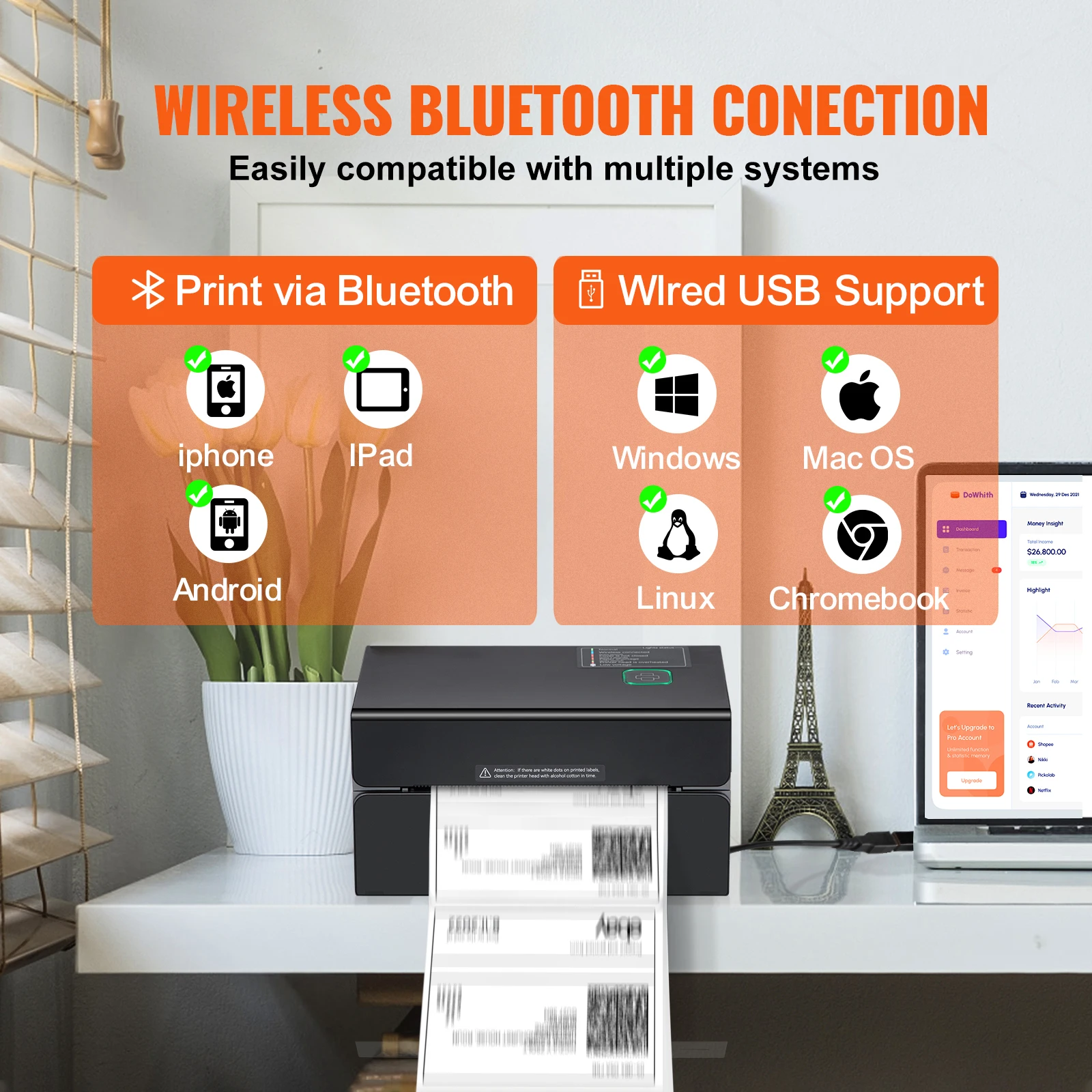 SucceBuy Thermo-Etikettendrucker 300 DPI Bluetooth und Automatische Etikettenerkennung 3