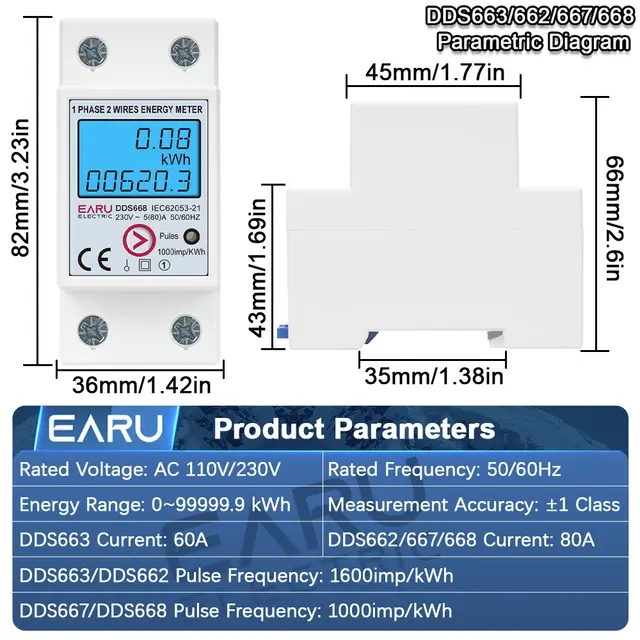 EARU AC 110V 230V Einphasiger Digitaler Energiezähler mit 2