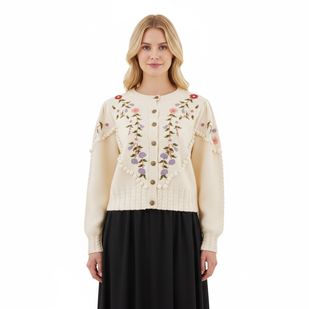 Women Knit Sweater Crew Neck Puff Sleeve Ladies