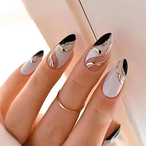 Black And White Mandarin Duck Color Almond Nail
