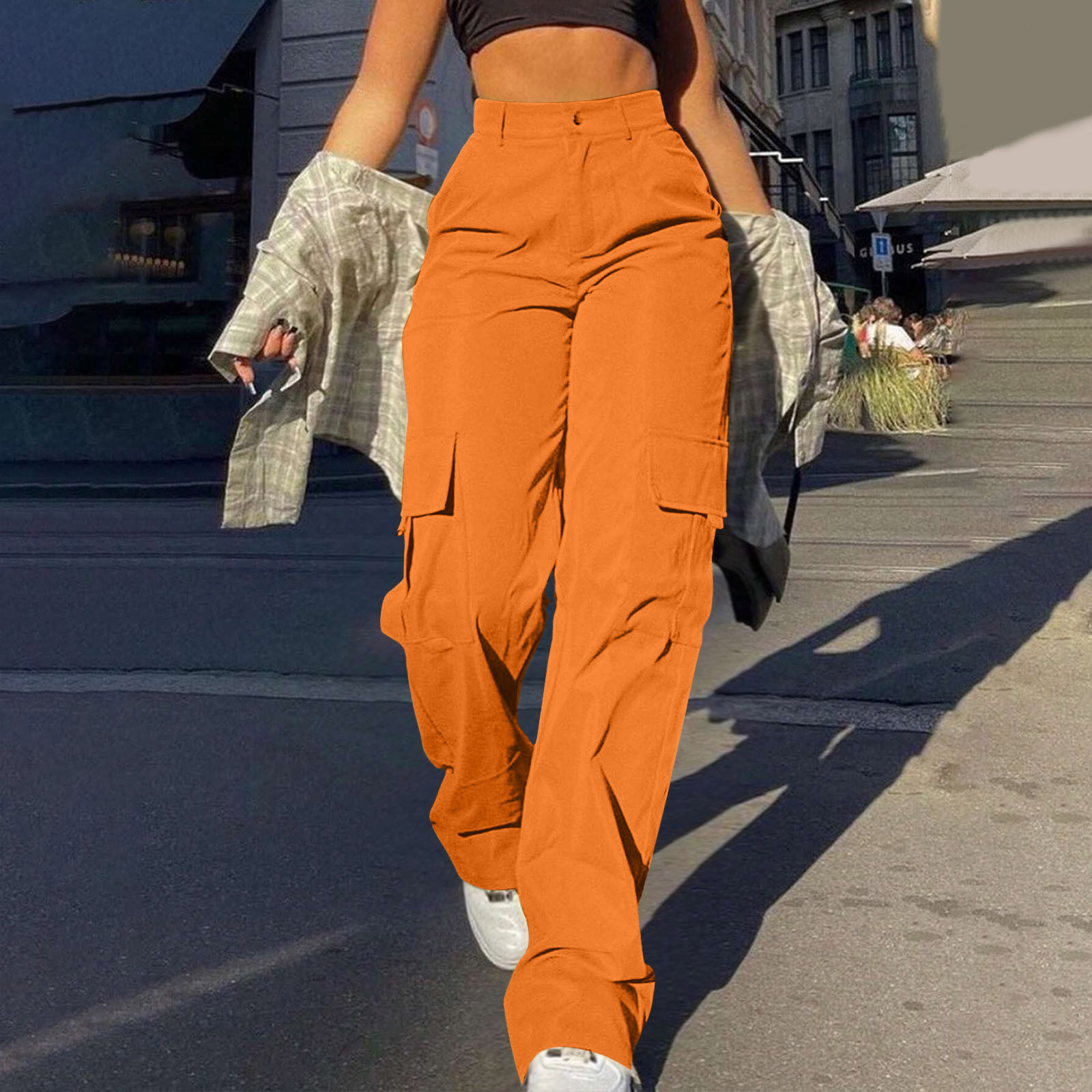 Women's High-Waist Cargo Pants with Pockets