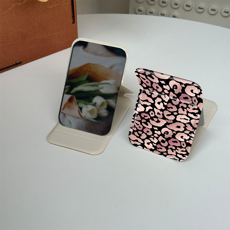 Leopard Print Folding Compact Mirror Portable PU Leather
