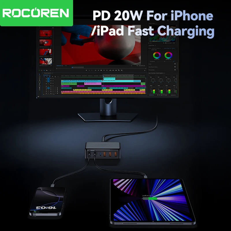 Rocoren USB-Ladegerät 100W GaN Ladestation 6-Port Desktop Schnellladestation 4