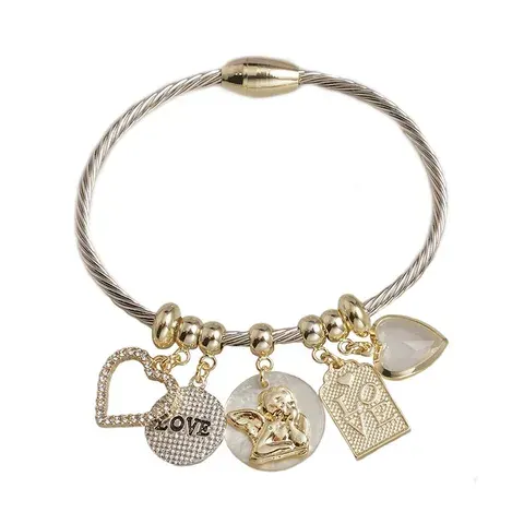 Rhodium Plated Charm Bangle Bracelet