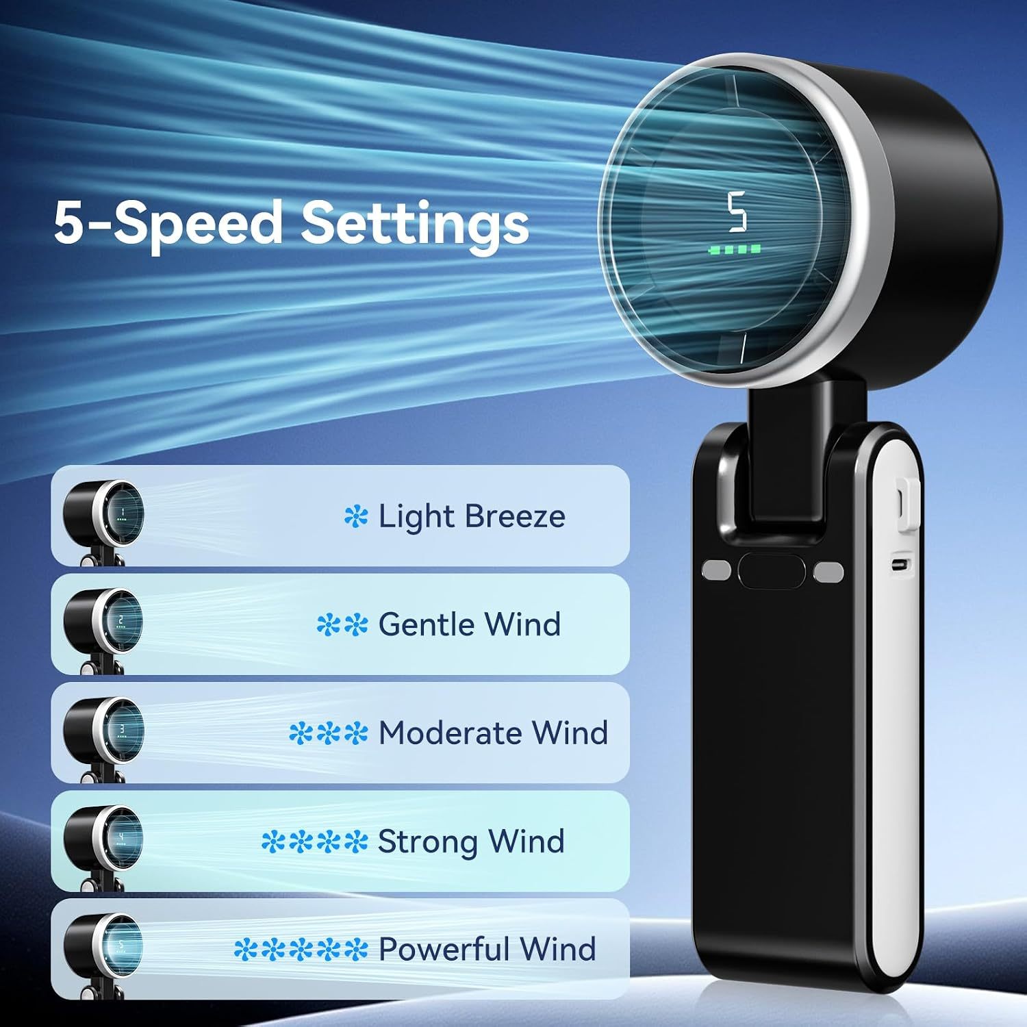Portable Fan Mini Handheld Turbo Rechargeable 5-Speed LED 3
