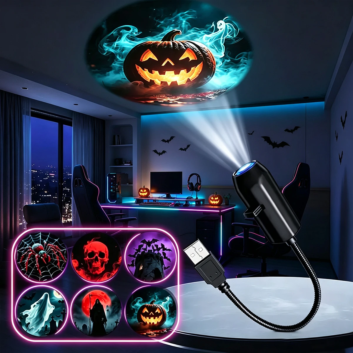 USB-Halloween-Projektor-Licht 6 Muster Mini-LED-Projektionslampe Tragbares Atmosphärenlicht für Zuhause