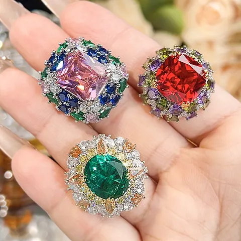 Luxury Oval Cut Simulated Emerald Ring Multi-Color Gemstone