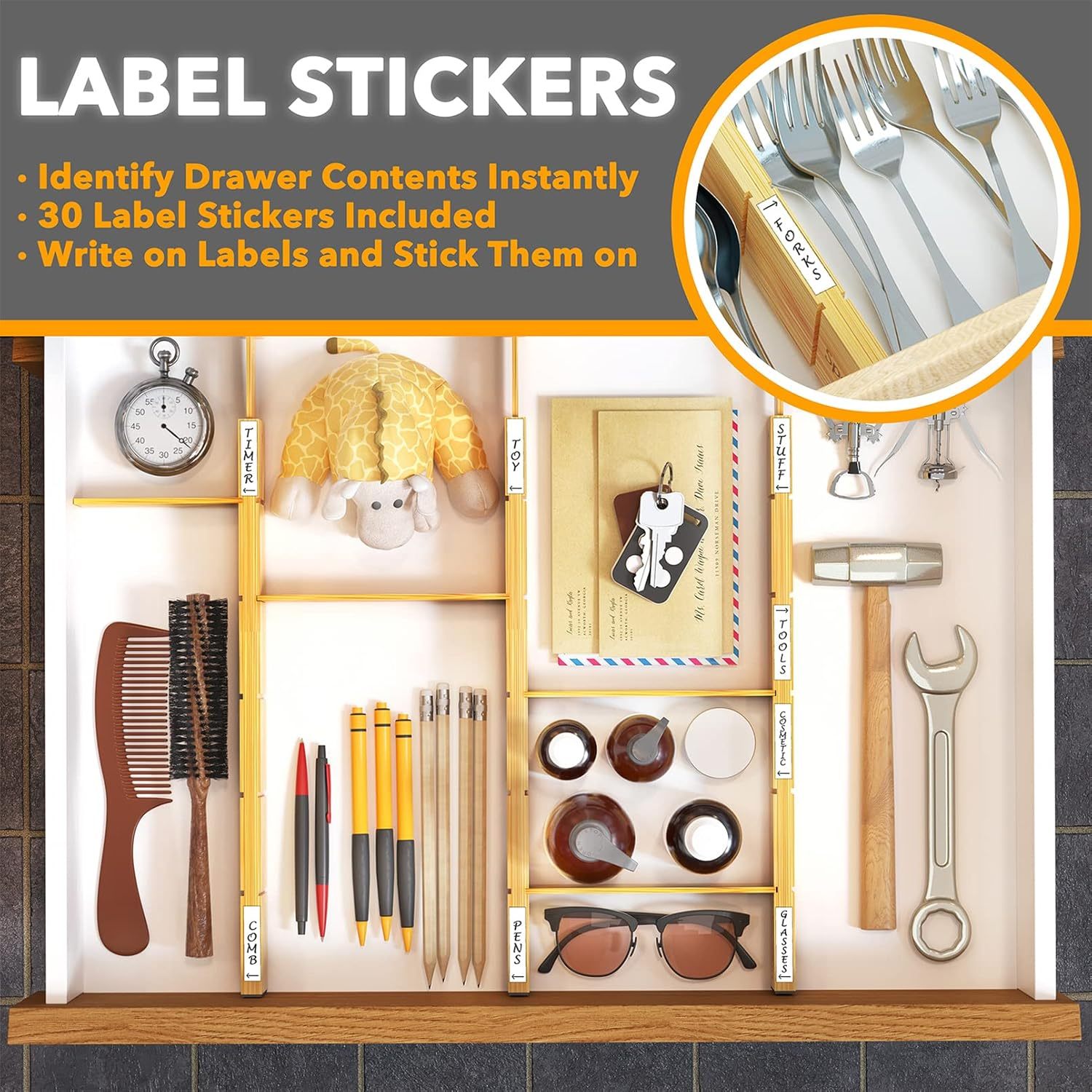 Bamboo Expandable Drawer Dividers with Labels 2