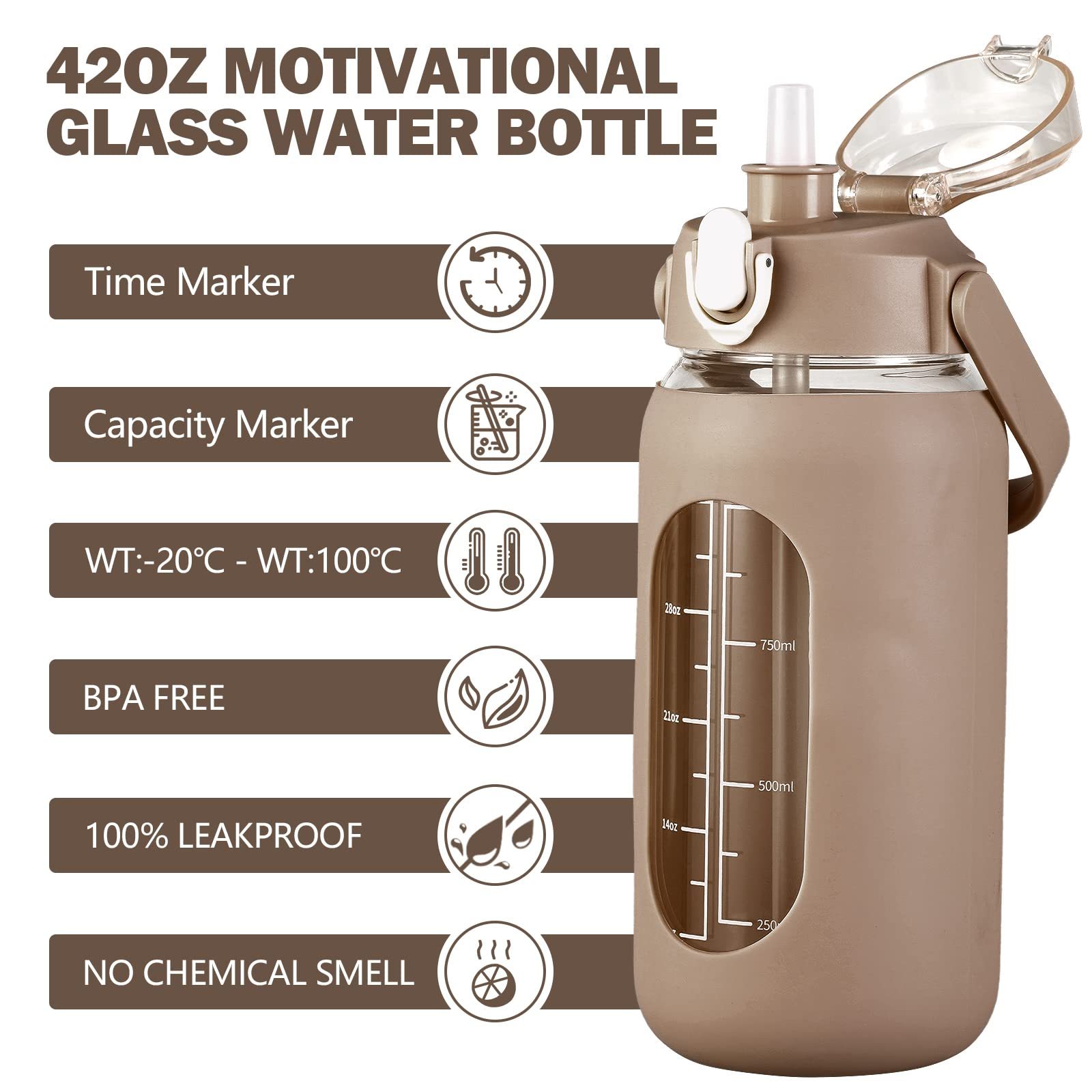 Large Glass Water Bottle with Silicone Sleeve 2