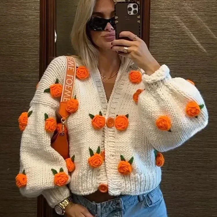 Crochet Flower Knit Cardigan Sweater 3