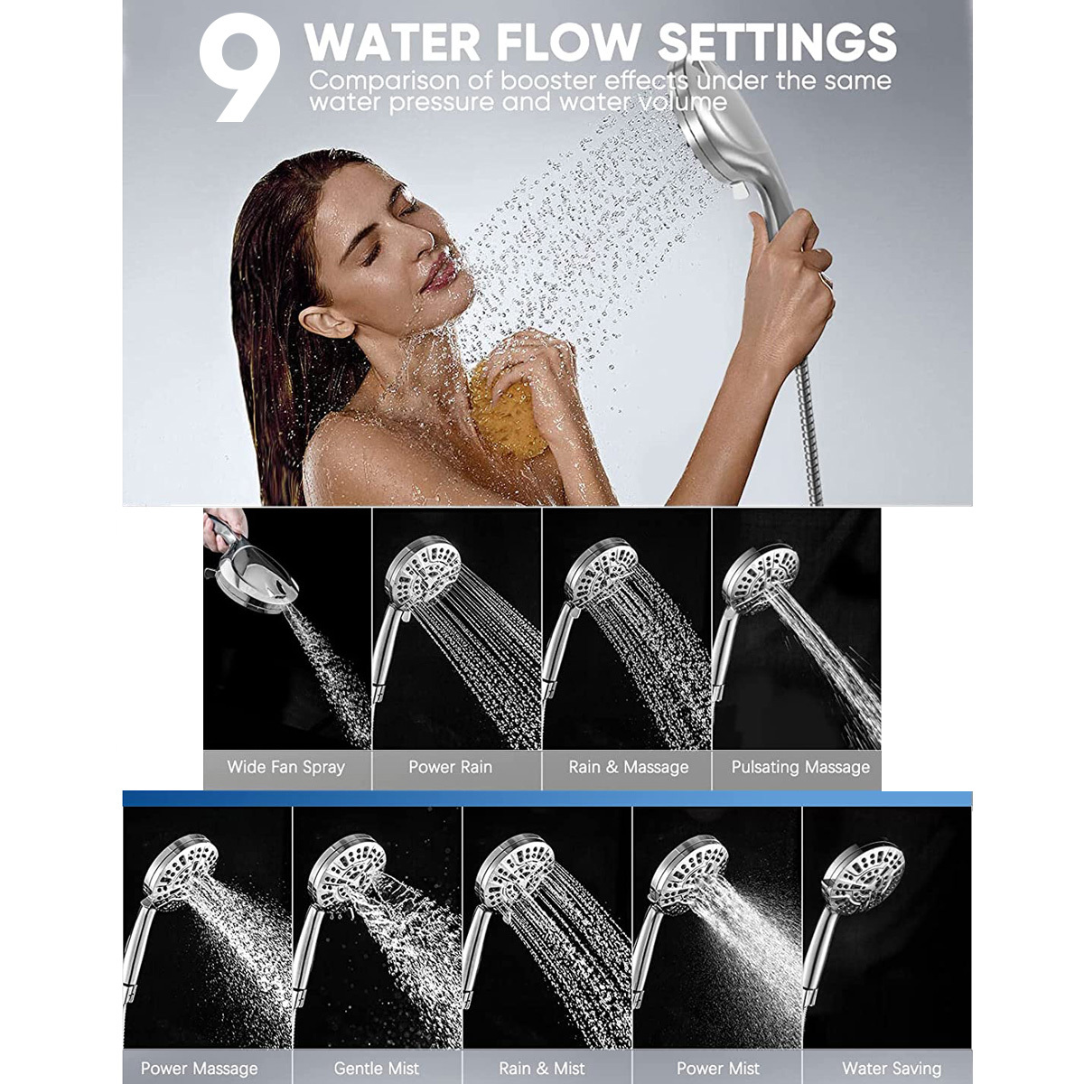 Mineral 9-Mode Rain Jet Powered Shower Head With 4