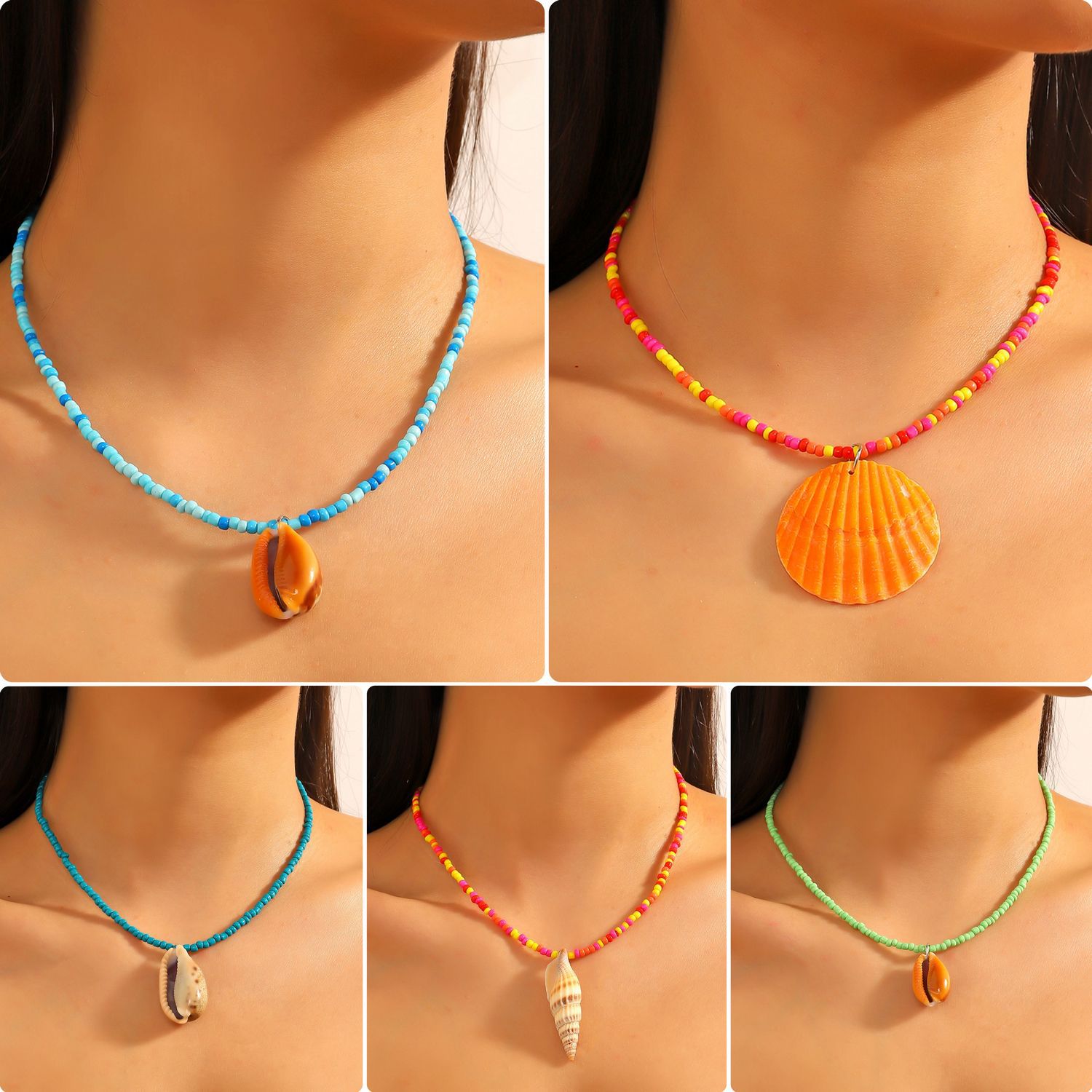 Colorful Rice-shaped Beads Stringed Shell Necklace