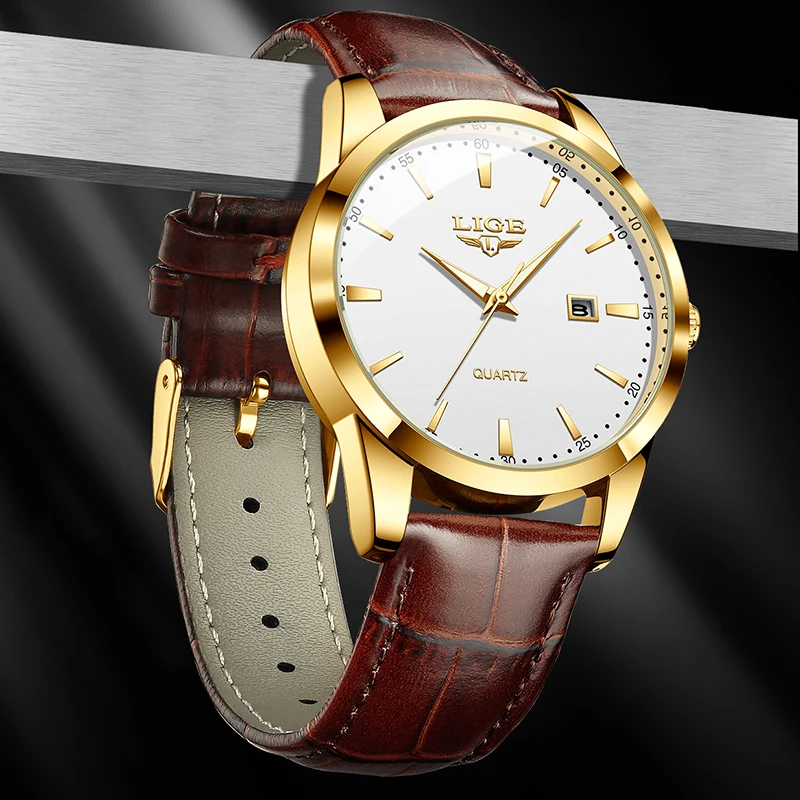 LIGE Mode Braune Lederuhr Männer Militär Sport Herren 4