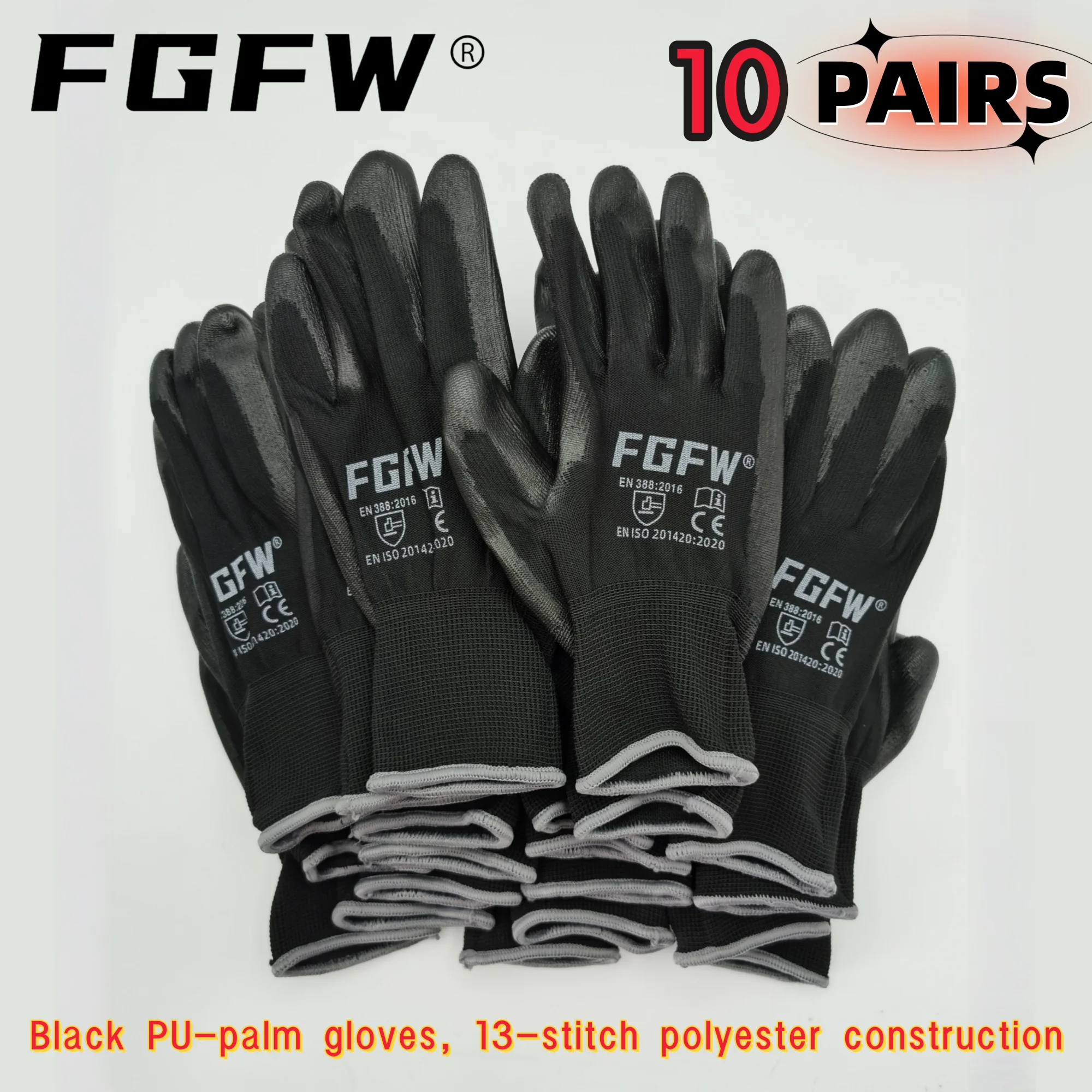 Black PU Work Gloves, 10 Pairs 2