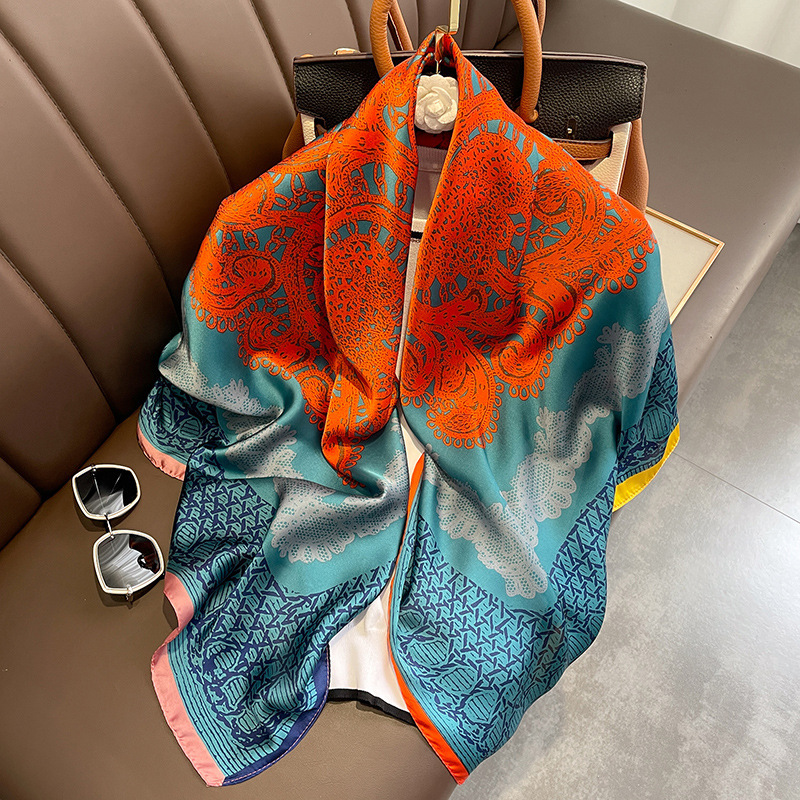 Classic Blue Orange Imitation Silk Scarf