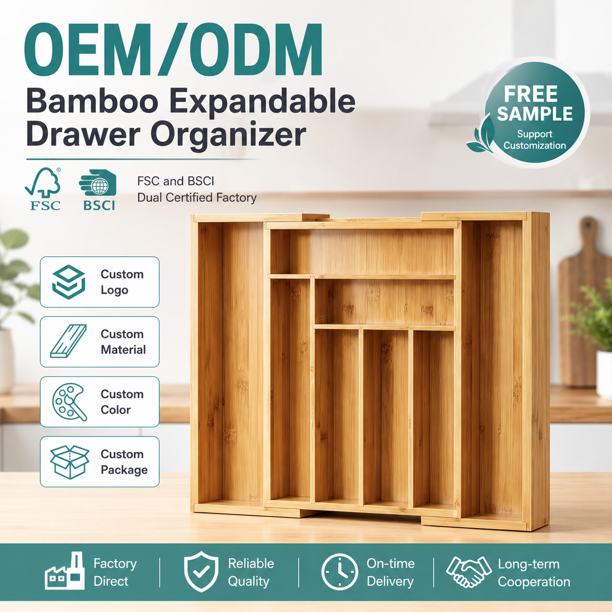 Bamboo Expendable Kitchen Drawer Organizer for Silverware Tray