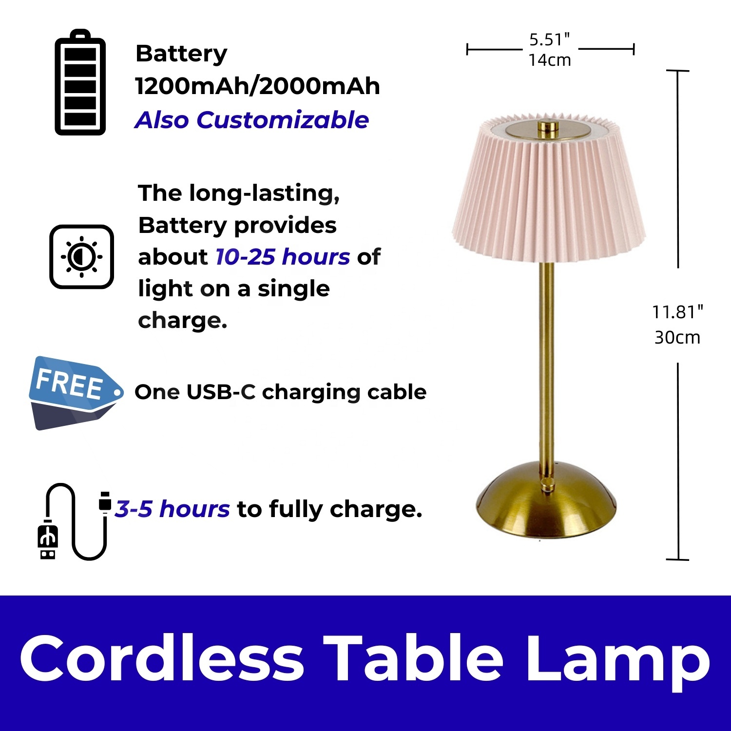 LED Cordless Pleated Table Lamp Touch Dimming Portable 2