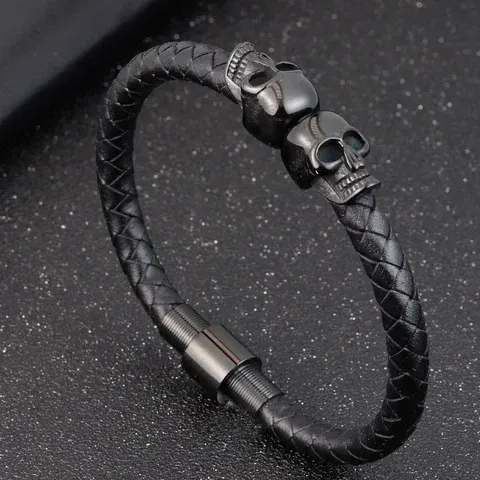 Black Braided Leather Skull Bracelet